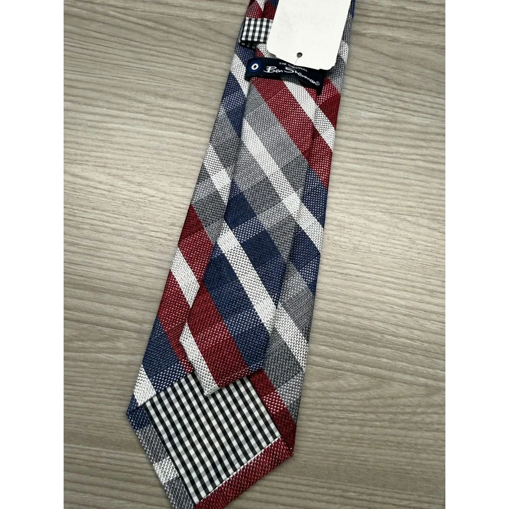 Ben Sherman Necktie Mens OS Red Blue White New Silk‎ Blend Plaid Slim Tie